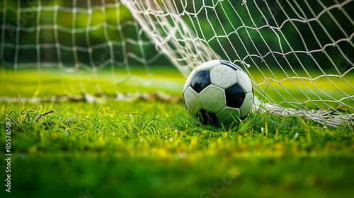 A soccer ball is sitting on the grass next to a soccer goal