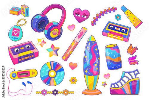 Y2k aesthetic set. Vector collection of retro 90s 2000s pop culture items including cassette tapes, lava lamps, headphones, etc, perfect for nostalgic designs. photo