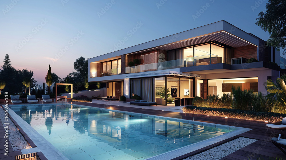 Fototapeta premium Modern house with pool, modern villa with pool on the beach, luxury villa.