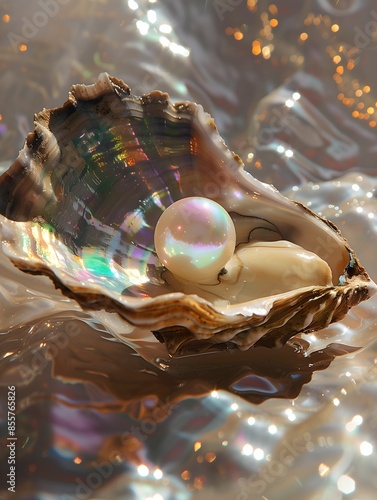 Pearl in an open oyster shell, surrounded by sparkles