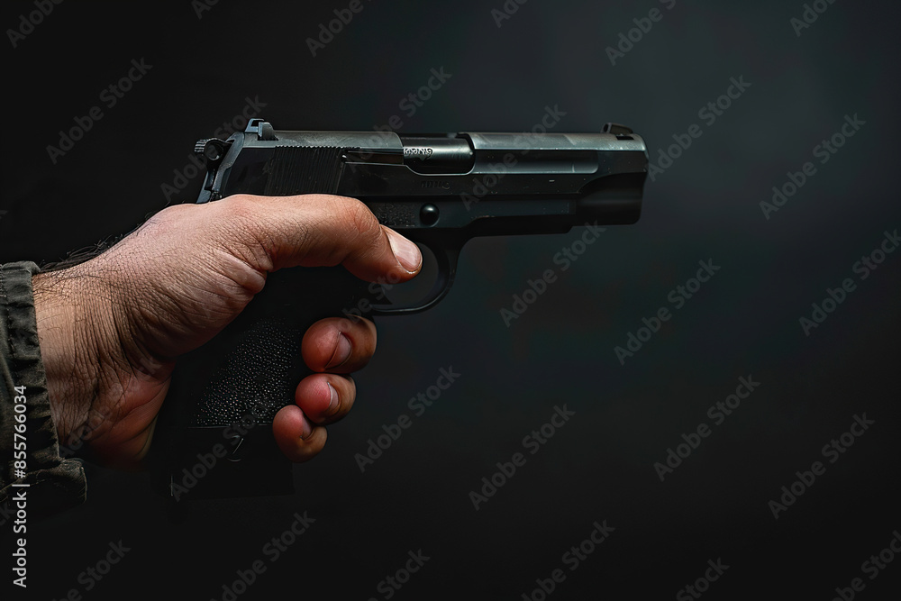 Generative ai on theme of a man aims through the sight of combat metal pistol to hit the target Generative ai on theme of a man aims through the sight of combat metal pistol to hit the target