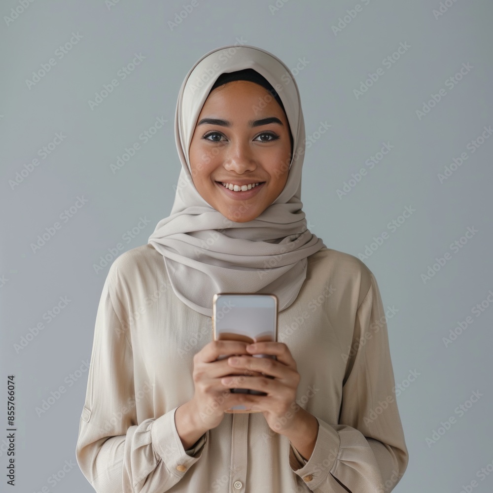 Smiling Muslim woman holding a smartphone against a clean background Smiling Muslim woman holding a smartphone against a clean background