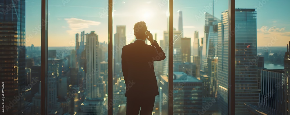 Silhouetted Businessperson on Phone Overlooking Urban Skyline Silhouetted Businessperson on Phone Overlooking Urban Skyline