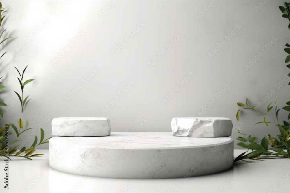 Minimal geometric, white marble podium with leaves. product presentation, mockup, scene to show cosmetic product, Podium, stage, pedestal or platform. simple clean design, 3d. Minimal geometric, white marble podium with leaves. product presentation, mockup, scene to show cosmetic product, Podium, stage, pedestal or platform. simple clean design, 3d.