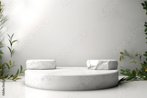 Minimal geometric, white marble podium with leaves. product presentation, mockup, scene to show cosmetic product, Podium, stage, pedestal or platform. simple clean design, 3d.