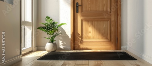 Black mat near wooden door ...