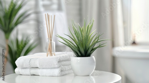 modern bathroom with a white table adorned by a small potted plant and air freshener reed, against a backdrop of neatly stacked towels.