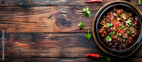 Dry Pot Hunan Style chilli Pork Intestines served dish isolated on wooden table top view of Hong Kong food. Copy space image. Place for adding text or design