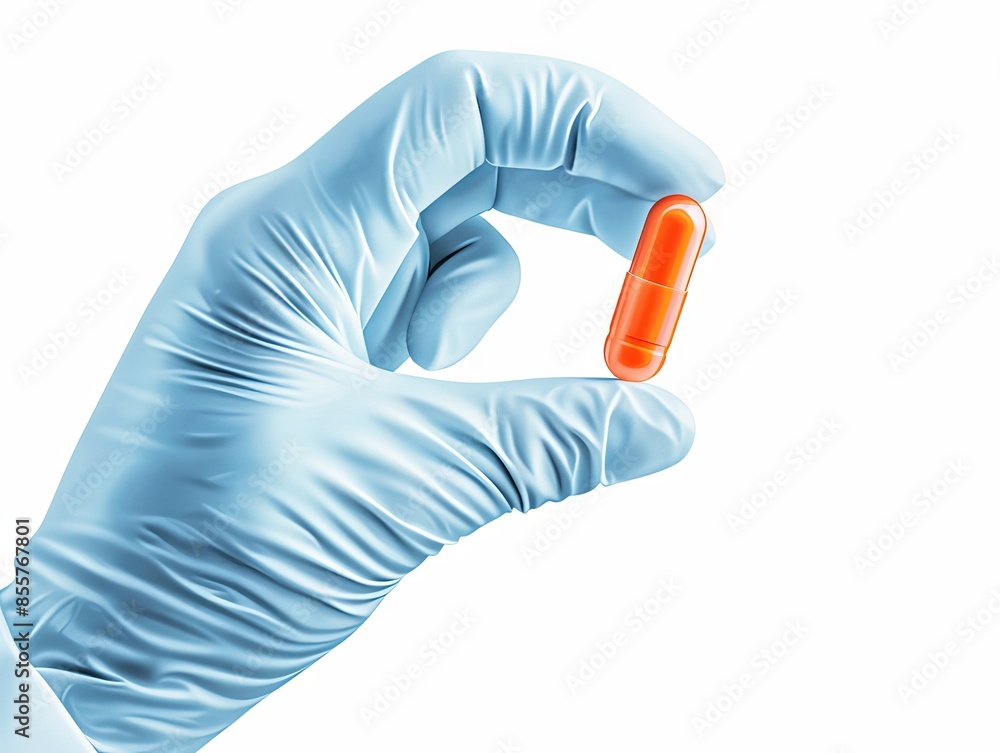 A gloved hand holds an orange pill on a white background, representing medical and pharmaceutical concepts of healthcare and medication. A gloved hand holds an orange pill on a white background, representing medical and pharmaceutical concepts of healthcare and medication.