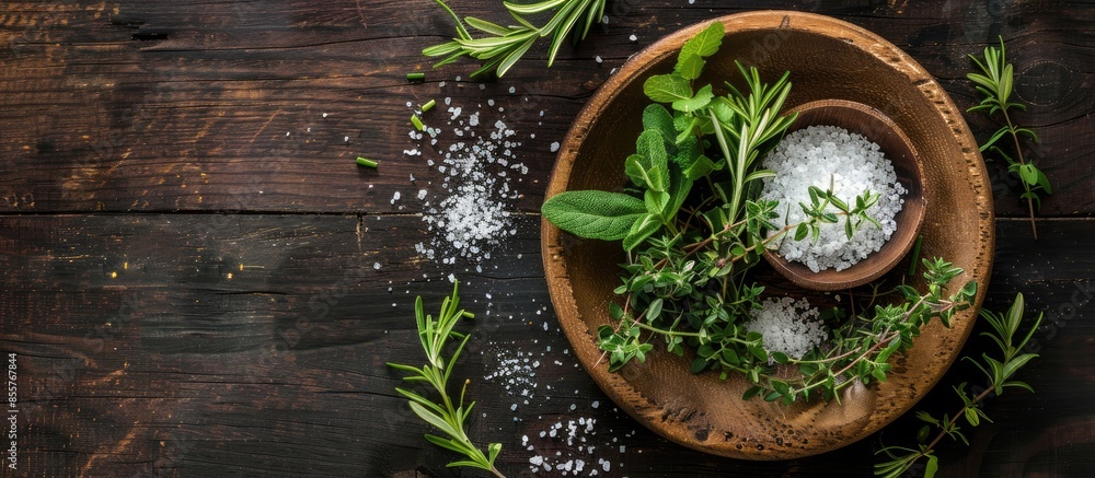 Round wooden plate with herbs and salt on dark wooden background top view. Copy space image. Place for adding text or design Round wooden plate with herbs and salt on dark wooden background top view. Copy space image. Place for adding text or design