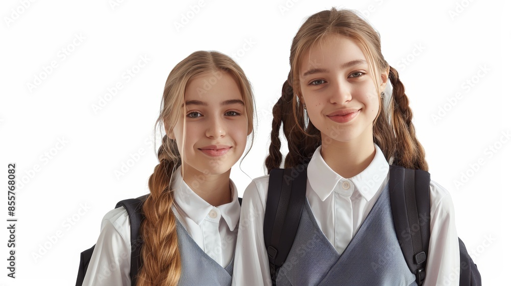 Two girls are smiling and wearing school uniforms Two girls are smiling and wearing school uniforms