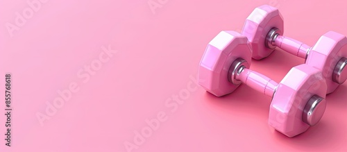 dumbbells and fitness kit in pink background. with copy space image. Place for adding text or design