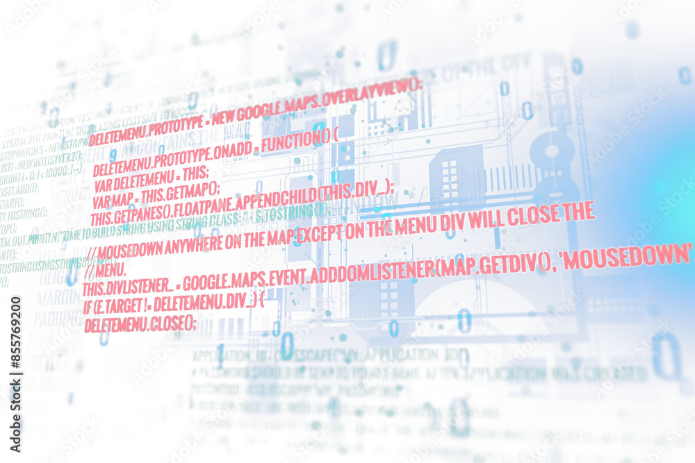 Abstract image showing circuit diagram and code overlay, graphical, on a blue and white gradient background, conceptualizing technology