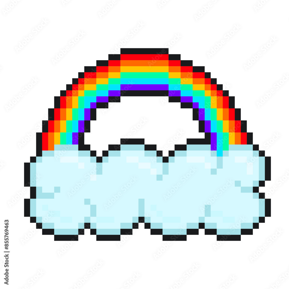 Naklejka premium Cloud with Rainbow Arc, Pixel Art Icon, Isolated