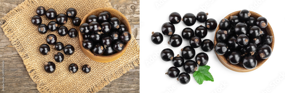 Black currants in bowl on burlap and wooden background and isolated on white background. Top view. Flat lay Black currants in bowl on burlap and wooden background and isolated on white background. Top view. Flat lay