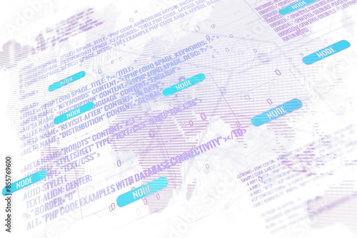 Abstract digital code and nodes overlay, with a tech concept on a white background photo