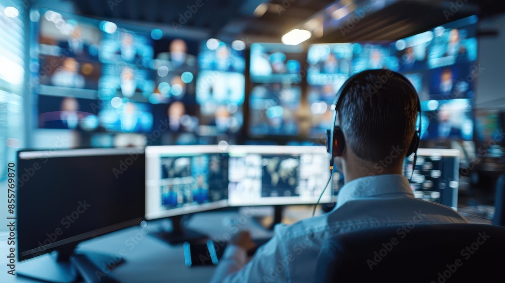 A control room with multiple computer screens displaying security feeds and a sole operator security monitor surveillance operator technology sharpened high technology vigilance ob A control room with multiple computer screens displaying security feeds and a sole operator security monitor surveillance operator technology sharpened high technology vigilance ob