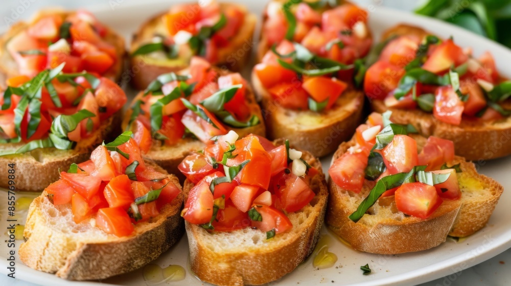 A plate of fresh bruschetta with diced tomatoes, basil, garlic, and olive oil on toasted baguette slices A plate of fresh bruschetta with diced tomatoes, basil, garlic, and olive oil on toasted baguette slices