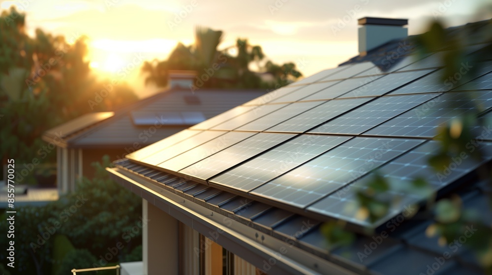 Fototapeta premium House rooftop modern solar panels on sunset eco-friendly suburban roof technology installation power system photovoltaic sustainable energy renewable