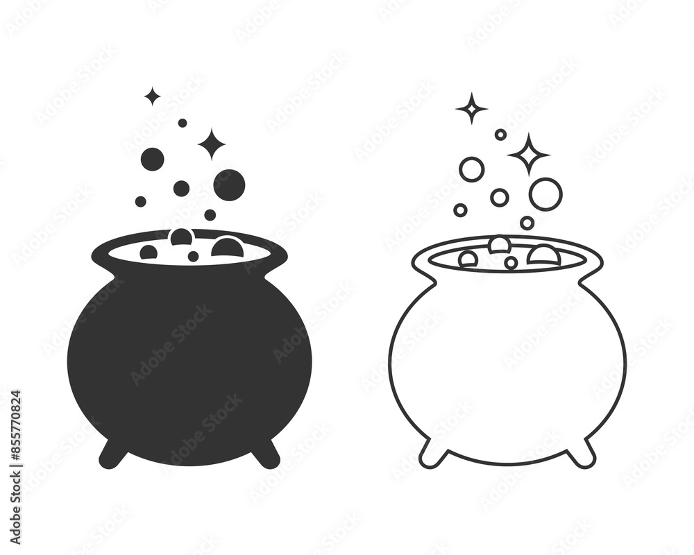 Witches black cauldron with boiling magic potion line icon isolated on white background. Decorative element for Halloween. Vector illustration for any design