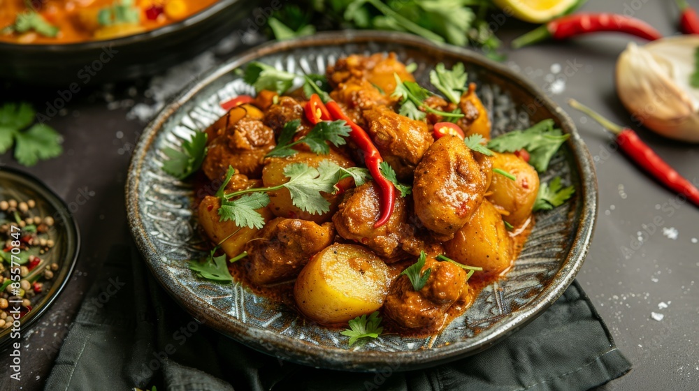 A plate of spicy chicken vindaloo curry with potatoes, garnished with sliced red chilies and coriander A plate of spicy chicken vindaloo curry with potatoes, garnished with sliced red chilies and coriander