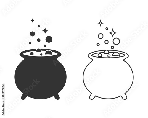 Obraz na płótnie Witches black cauldron with boiling magic potion line icon isolated on white background. Decorative element for Halloween. Vector illustration for any design w salonie
