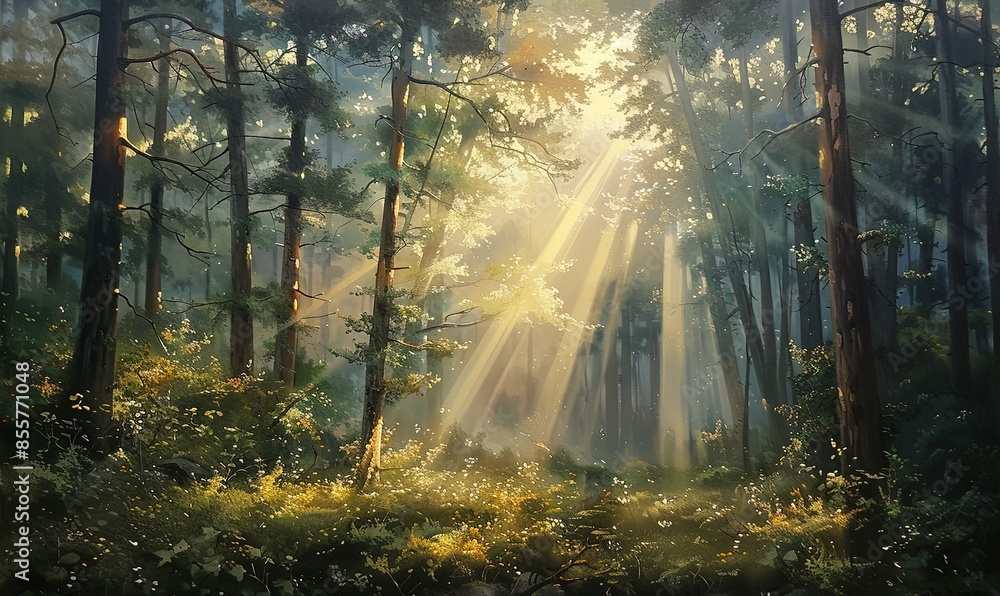 Fototapeta premium Enchanted forest sunlight breaking through trees