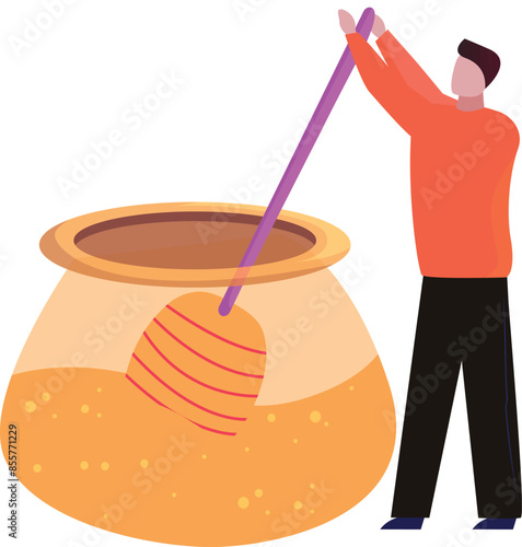 A boy is stirring honey in a pot.
