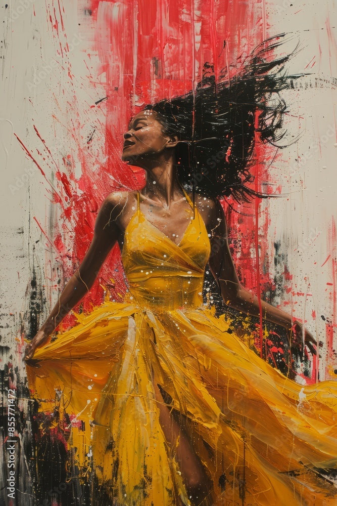 a painting of a woman wearing a yellow dress, dance a painting of a woman wearing a yellow dress, dance