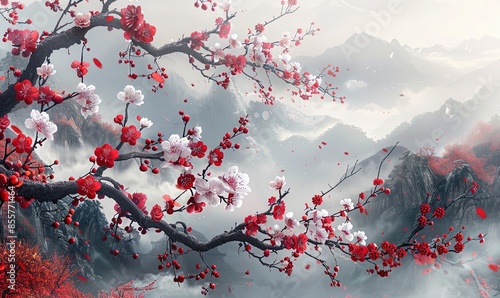 On a cloudy day, white and purplish-red flowers bloom on this beautiful branch in a fine mist photo