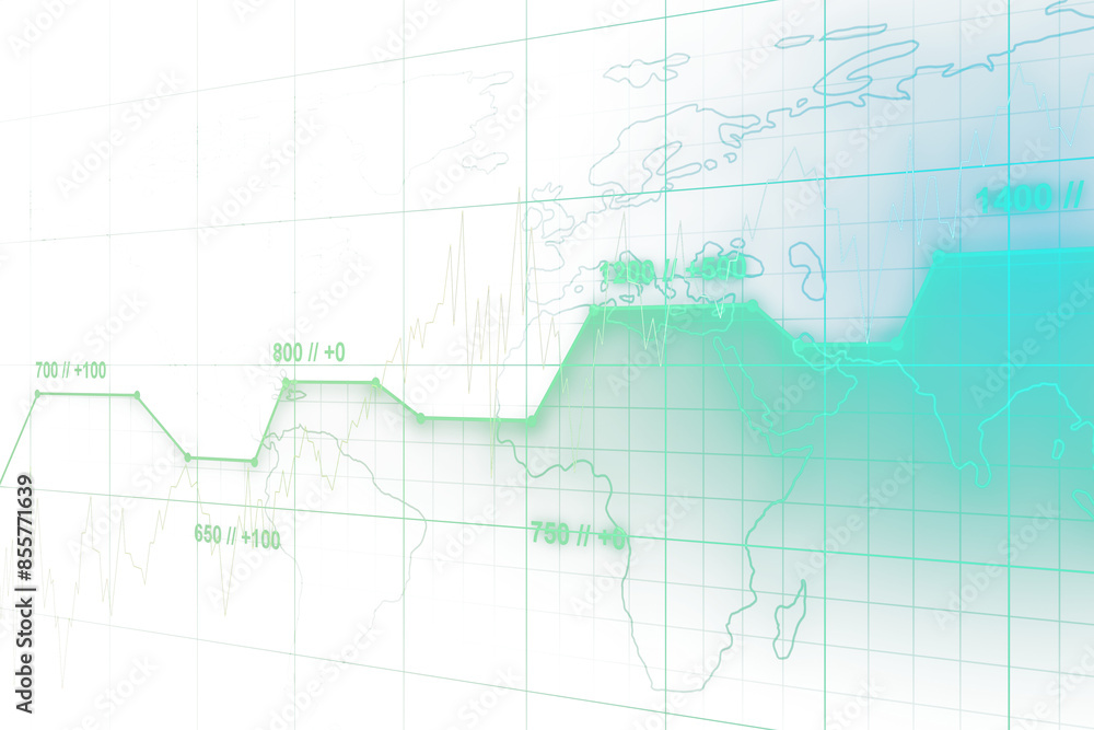 Abstract financial chart with world map on a white and green gradient background, representing global business Abstract financial chart with world map on a white and green gradient background, representing global business