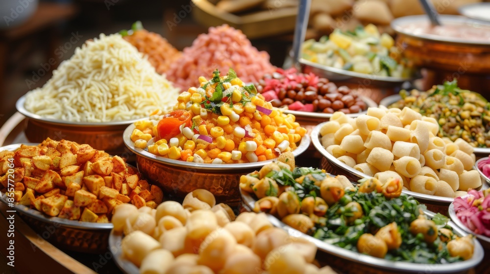 A platter of colorful Indian street food snacks including bhel puri, papdi chaat, and pani puri A platter of colorful Indian street food snacks including bhel puri, papdi chaat, and pani puri
