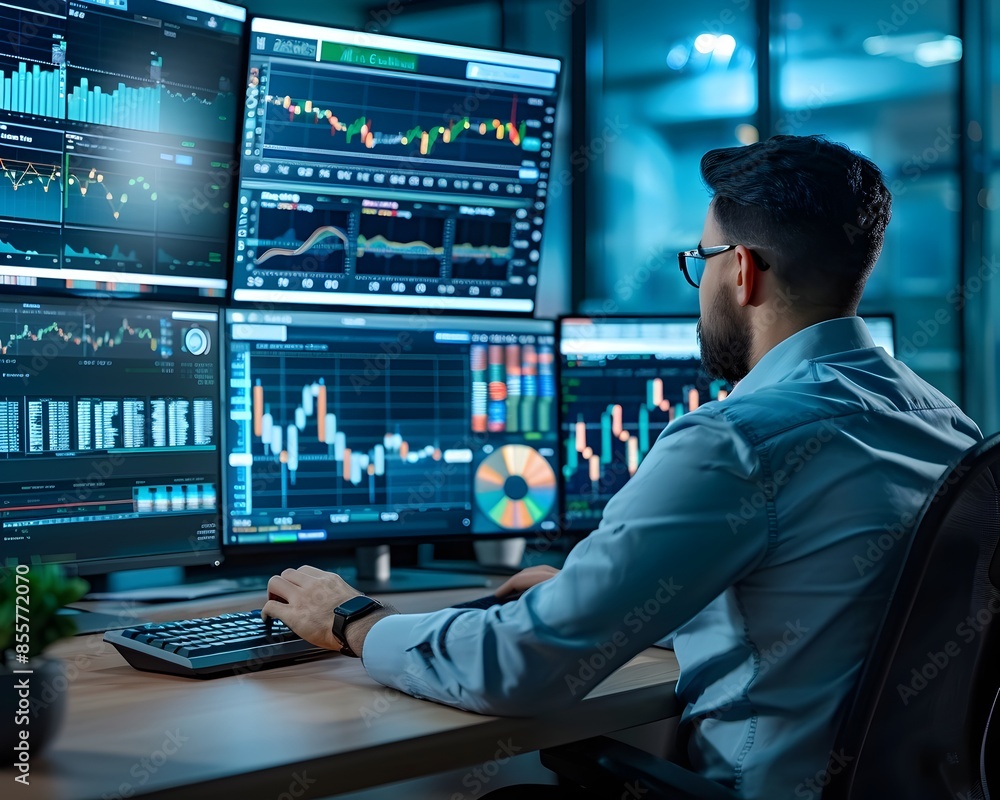 Businessman Analyzing Financial Data and Market Trends on Multiple Screens in Modern Office Businessman Analyzing Financial Data and Market Trends on Multiple Screens in Modern Office