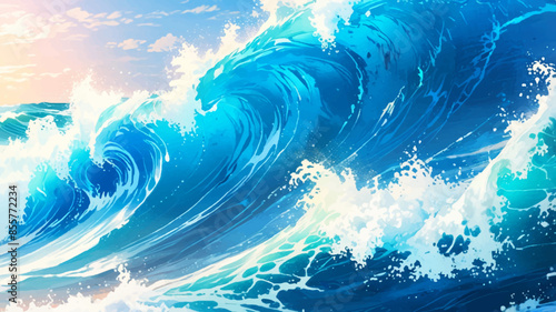 abstract soft blue and white abstract water color ocean wave texture background .Fluid blue ocean wave layer Tsunami wave background in flat cartoon style. Big blue tropical water splash.	