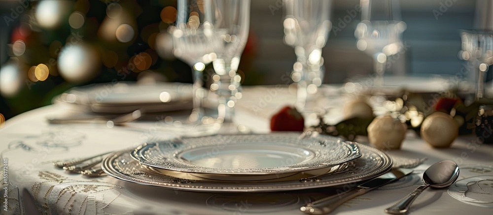 Close up of Place settings on elegant dining table . with copy space image. Place for adding text or design Close up of Place settings on elegant dining table . with copy space image. Place for adding text or design