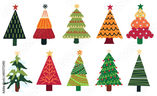 Festive Christmas trees elements set. Hand drawn vector illustrations.