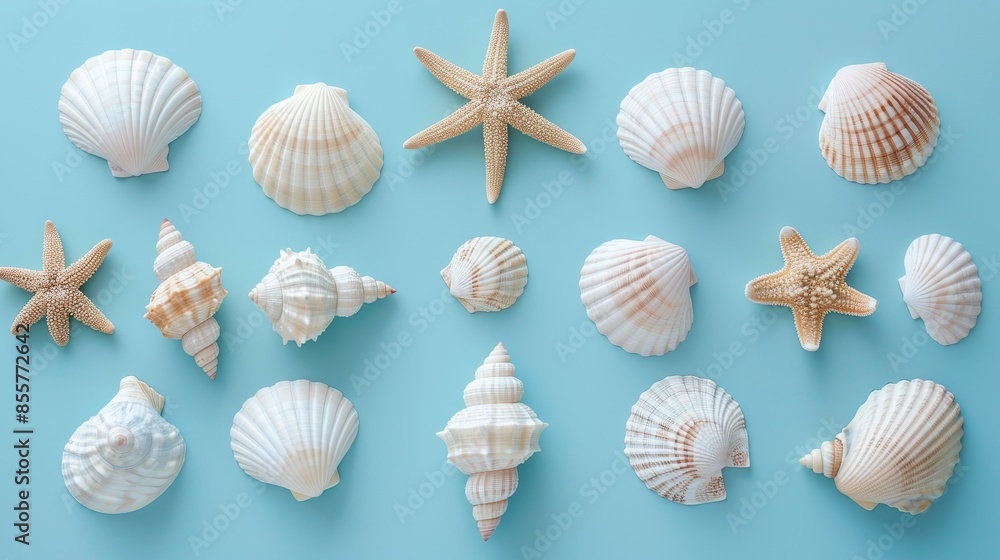 Minimal summer design elements with seashell decorations on isolated blue background Minimal summer design elements with seashell decorations on isolated blue background