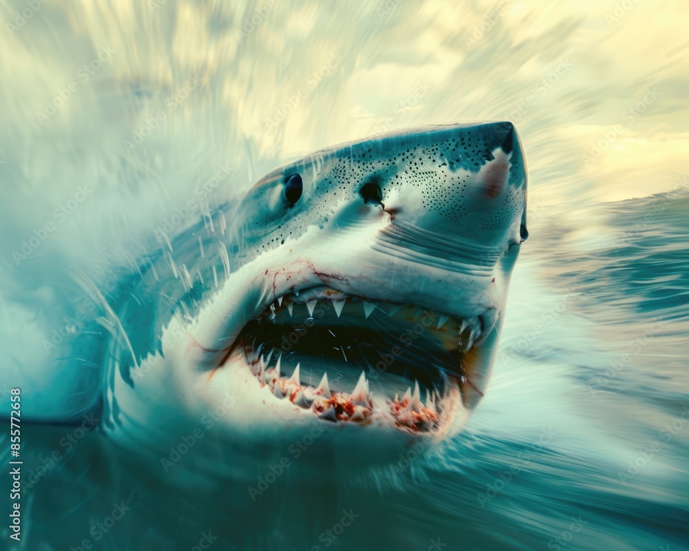 Fototapeta premium Shark attack, nature background close up, dynamic, double exposure, ocean backdrop