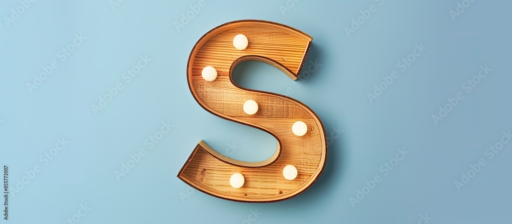 The capital letter S cut from natural wood with LEDs light turned on. Isolated element placed on a pure pastel background. with copy space image. Place for adding text or design The capital letter S cut from natural wood with LEDs light turned on. Isolated element placed on a pure pastel background. with copy space image. Place for adding text or design