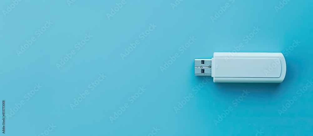 Fototapeta premium Flash drive usb pen safe data design on blue background. Data protection minimal concept. Copy space image. Place for adding text or design