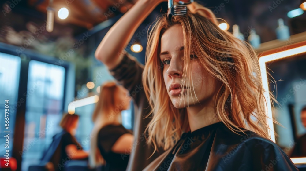 Fototapeta premium A professional hairdresser applying highlights to a client's hair in a modern salon with bright lighting