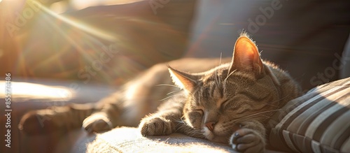 Grey tabby cat laing on sof...