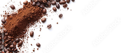 Flat lay of ground coffee with coffee beans isolated on white background. Copy space image. Place for adding text or design