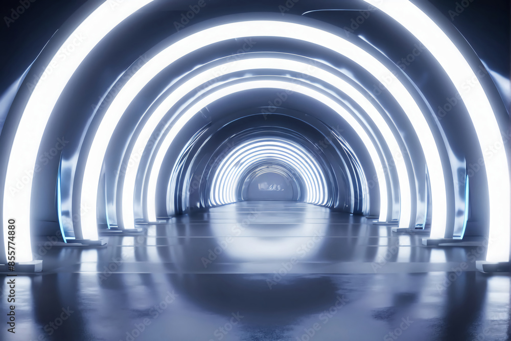 White background 3D room light abstract space technology tunnel stage floor. Empty white future 3D neon background studio futuristic corridor render modern interior silver road black wall design gray White background 3D room light abstract space technology tunnel stage floor. Empty white future 3D neon background studio futuristic corridor render modern interior silver road black wall design gray