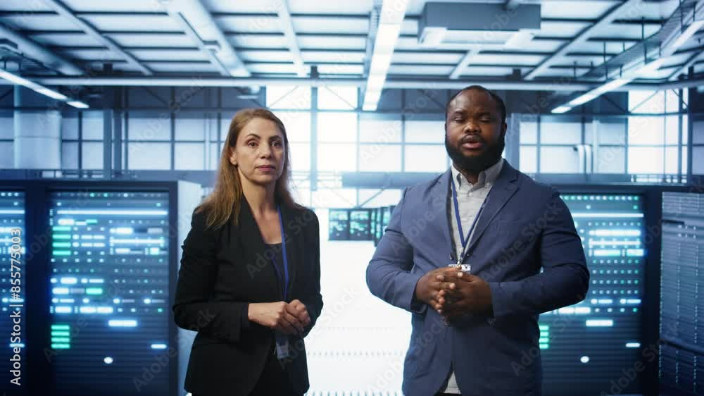 African american expert and coworker looking at holograms in data center, working together. Team members interacting with augmented reality AI visualization in server hub, camera B African american expert and coworker looking at holograms in data center, working together. Team members interacting with augmented reality AI visualization in server hub, camera B