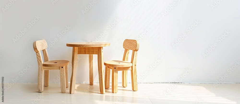 Fototapeta premium Toy wooden armchairs and table on white background. with copy space image. Place for adding text or design