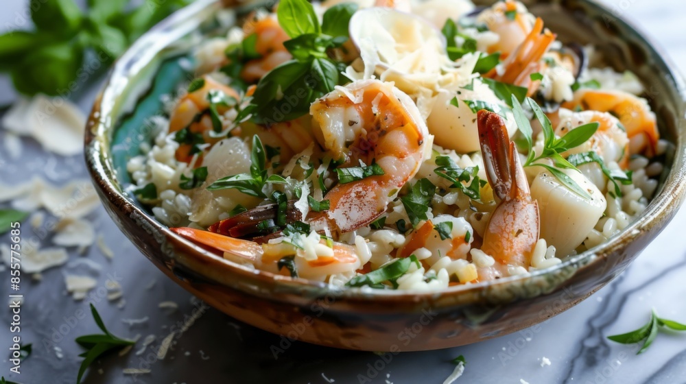 A seafood risotto with shrimp, scallops, and clams, topped with Parmesan cheese and fresh herbs A seafood risotto with shrimp, scallops, and clams, topped with Parmesan cheese and fresh herbs