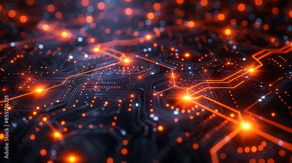 Fototapeta premium A detailed image of a grid with integrated circuit board lines, emphasizing technology and connectivity. The glowing circuit lines and intricate patterns are set against a dark background