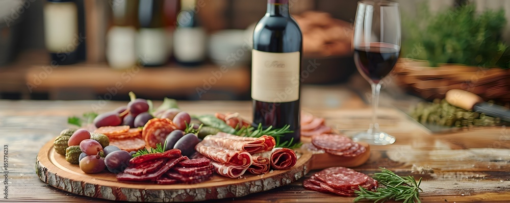 Exquisite Wine Bottle and Gourmet Charcuterie Board on Rustic Wooden Table Exquisite Wine Bottle and Gourmet Charcuterie Board on Rustic Wooden Table
