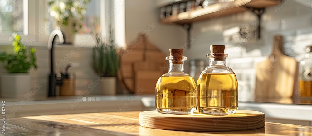 glass bottles with stoppers on a wooden stand in the bright interior of the kitchen. with copy space image. Place for adding text or design glass bottles with stoppers on a wooden stand in the bright interior of the kitchen. with copy space image. Place for adding text or design